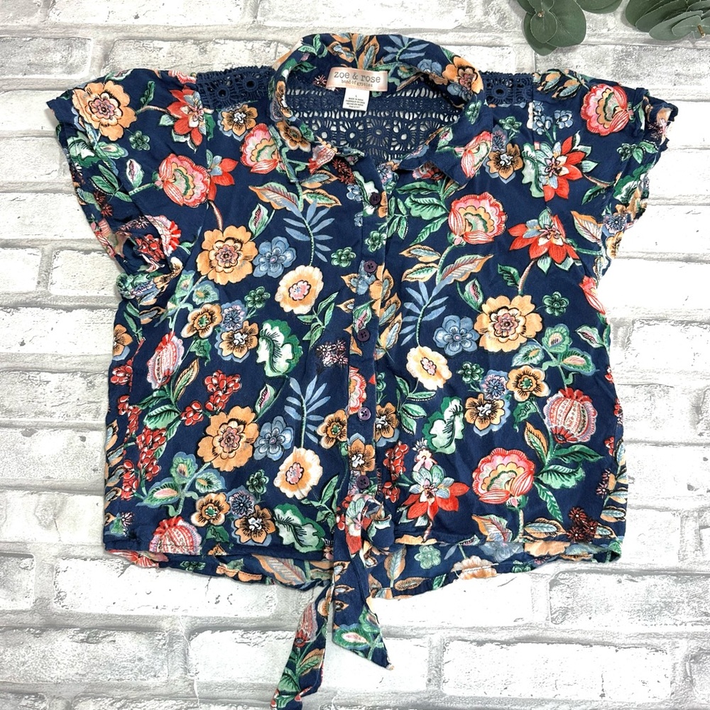 Zoe & Rose Girls Blue Floral Short Ruffle Sleeve Front Tie Crochet Top - Size L